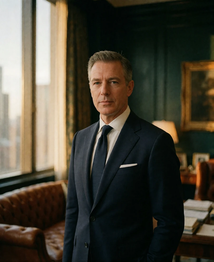 Distinguished man in a tailored navy suit in a dark panelled executive lounge overlooking the Dallas skyline
