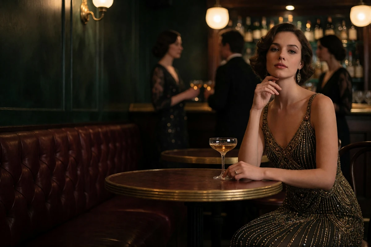 Woman in a beaded gold dress seated at a table in a dimly lit private club of the early twentieth century
