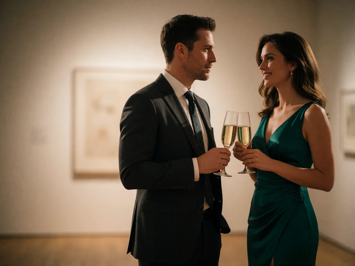 Well-dressed couple holding champagne flutes together in a warmly lit gallery lounge