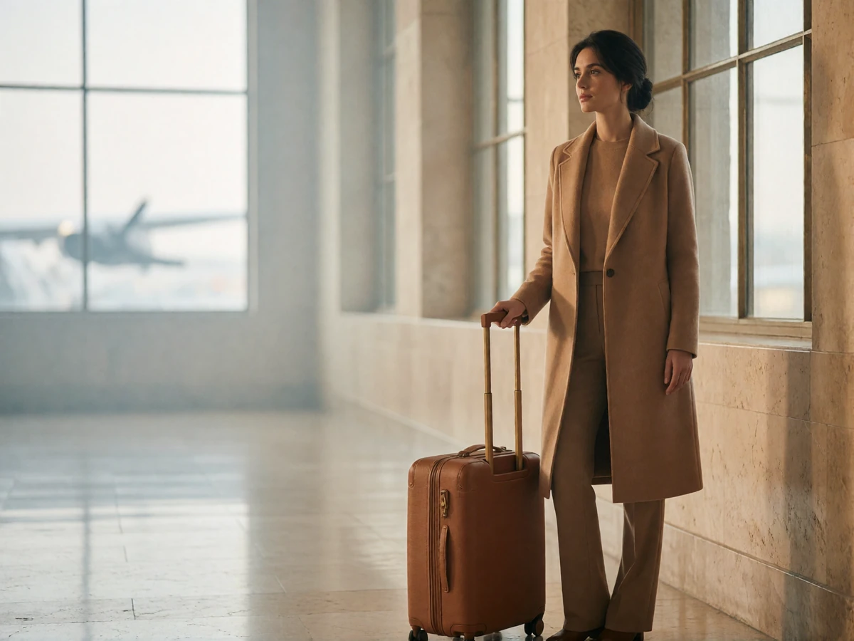 Elegant woman with a leather suitcase waiting in a private airport lounge before a weekend departure
