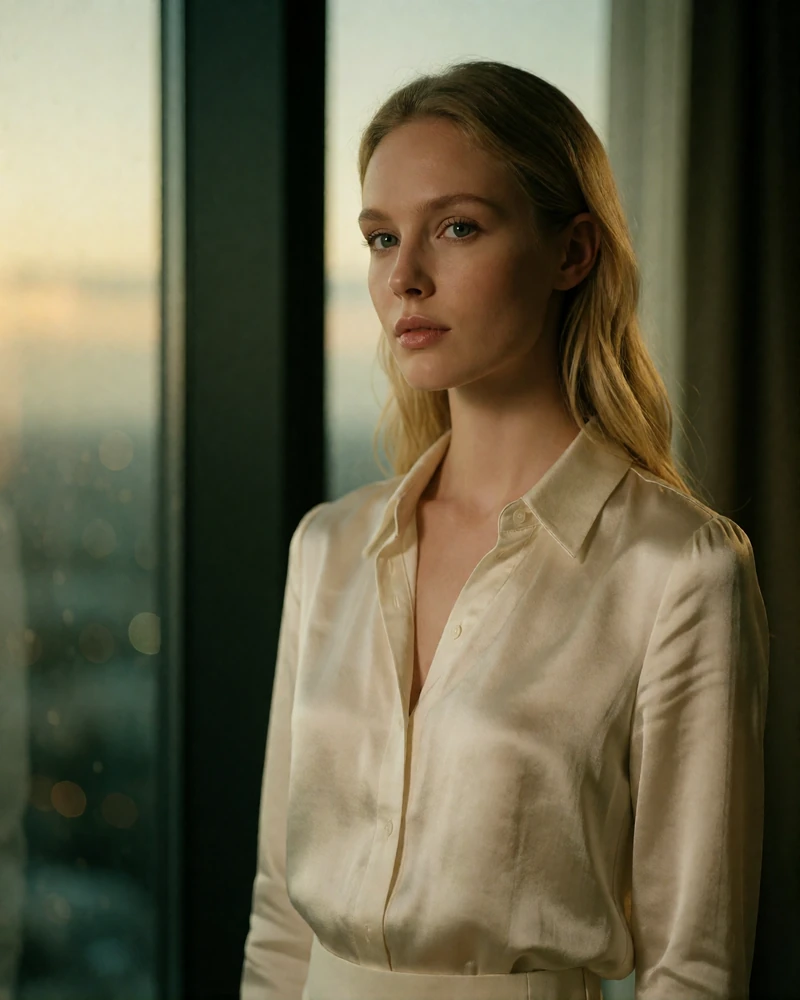 Blonde woman in an ivory silk blouse beside a high-floor suite window with the Las Vegas skyline behind her