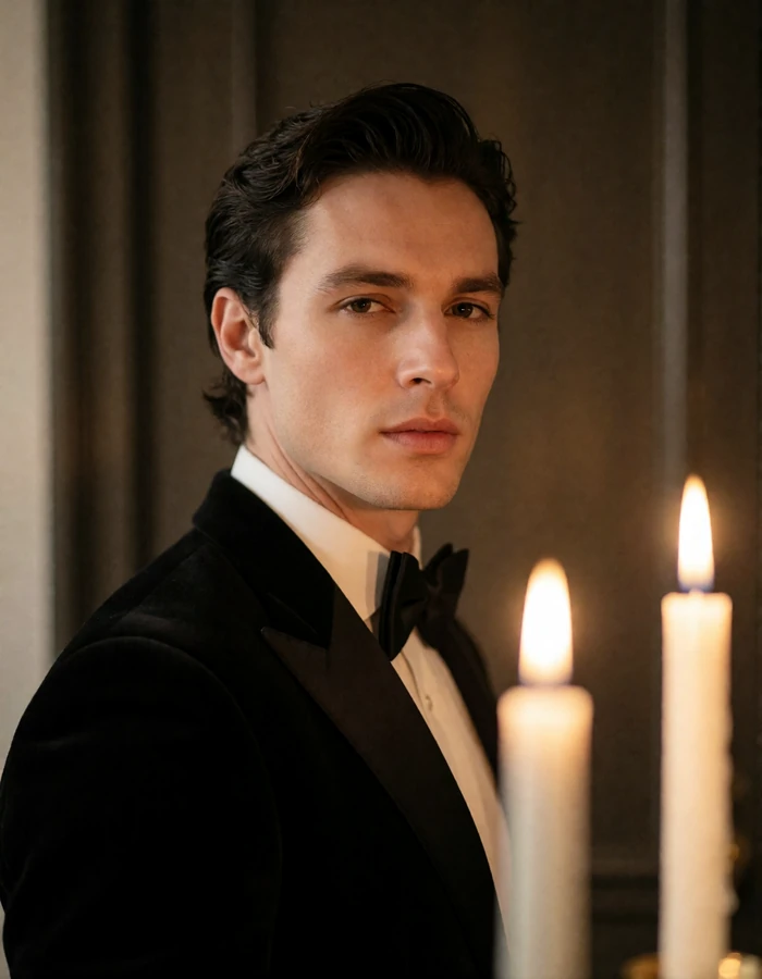Man in a black dinner jacket and bow tie with a composed expression, an illustrative verified profile on our sugar mama dating site