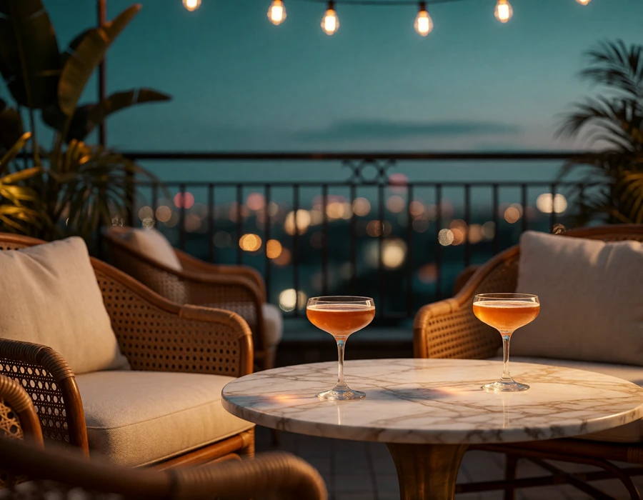 Stylish rooftop lounge at dusk with low seating, a marble cocktail table and a softly blurred glowing skyline