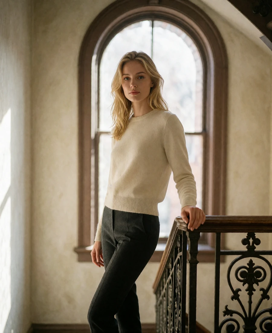Poised blonde woman standing beside a tall arched window in a Back Bay brownstone stairwell