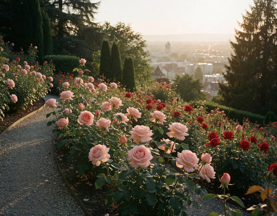 Gravel path curving through a terraced hillside rose garden with a hazy city view in the late afternoon
