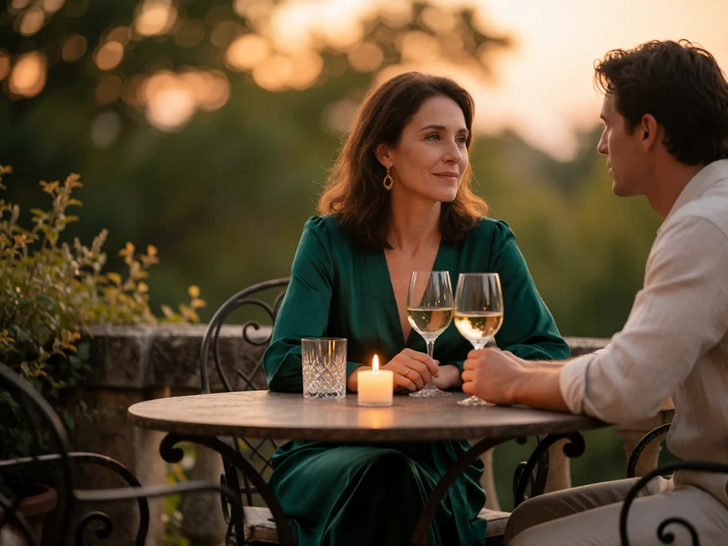 Woman in an emerald dress and a younger man in a light shirt sharing wine at a terrace table in conversation