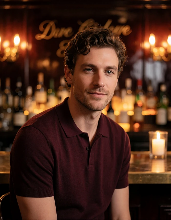 Man with light stubble seated at a bar counter with a quiet smile, an illustrative member profile