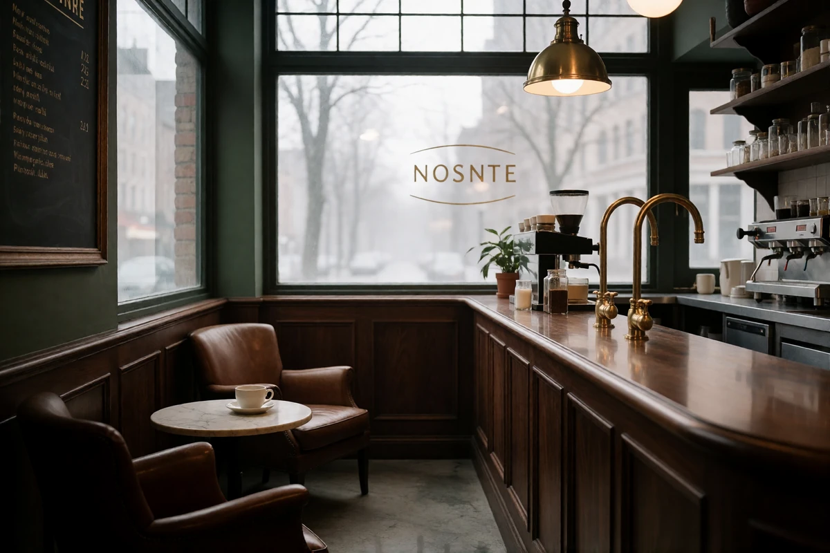 Quiet upscale coffee house interior with a walnut counter and leather armchairs on a grey Seattle morning