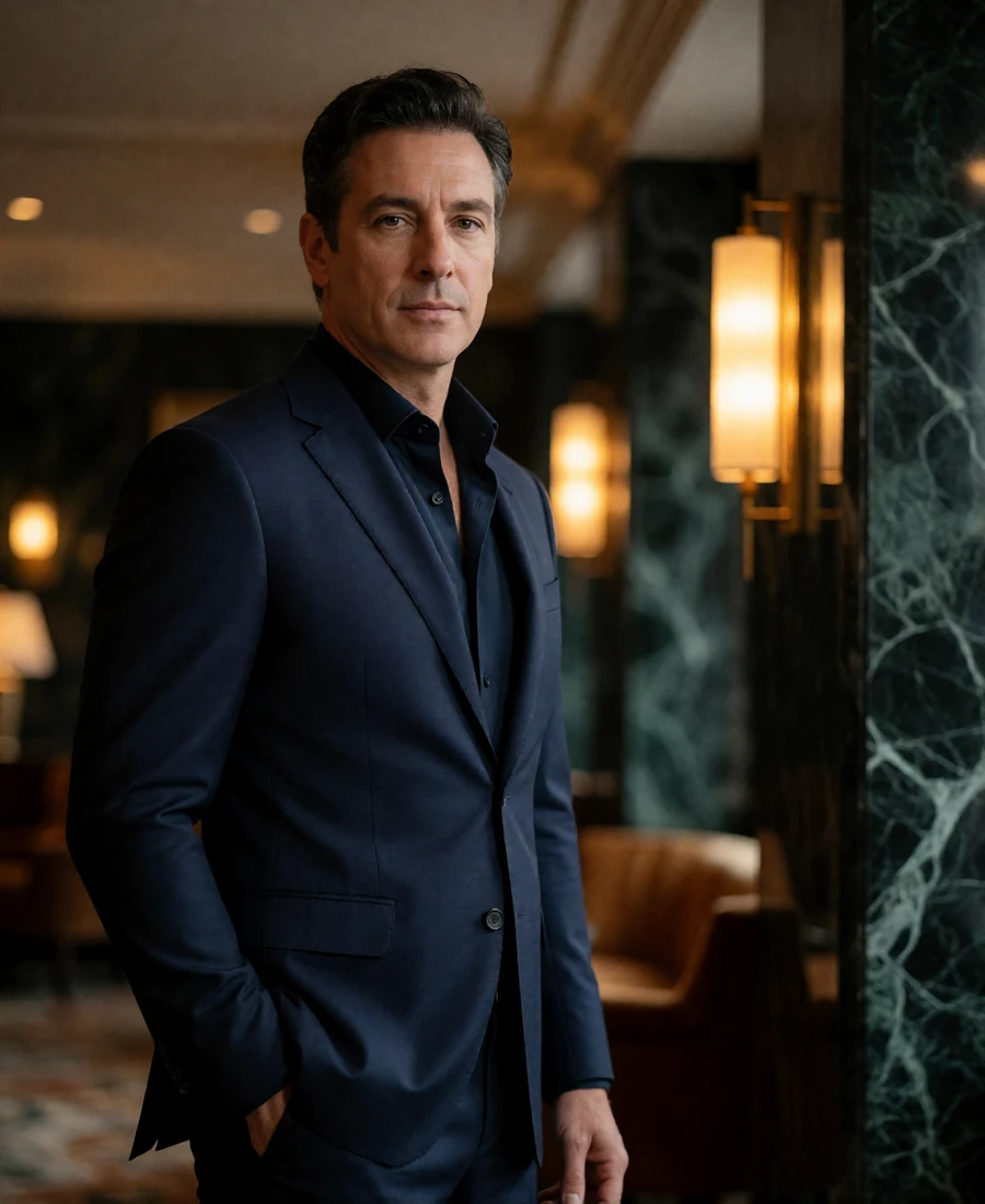 Confident man in a navy tailored suit standing in a dim upscale Chicago hotel lounge