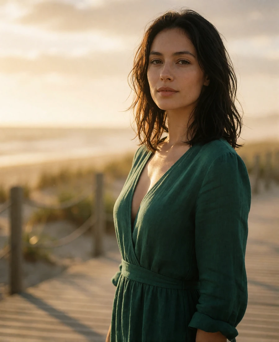 Woman in a deep emerald linen dress standing on a Venice boardwalk at golden hour
