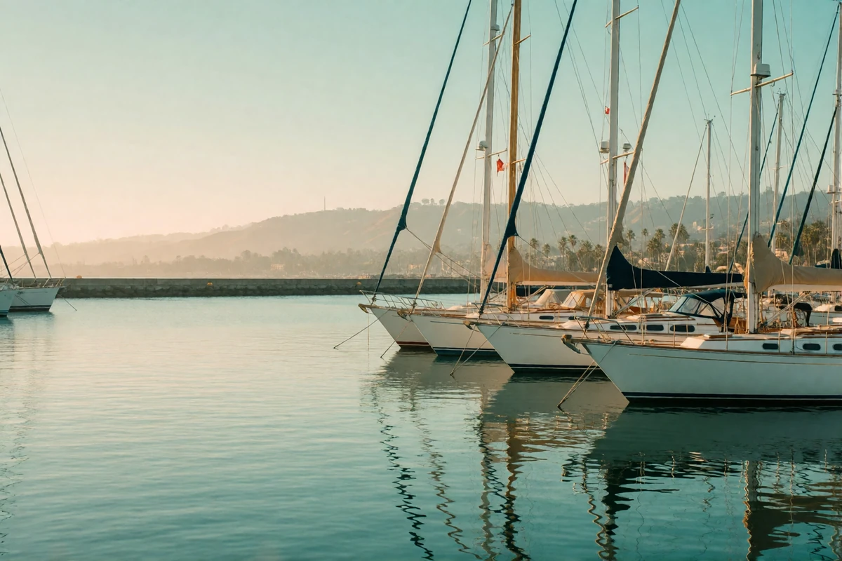 Quiet San Diego harbor at late afternoon with moored sailing yachts and calm reflective water