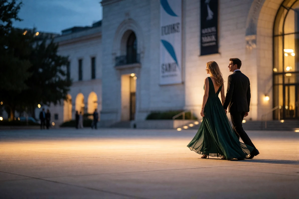 Well-dressed couple crossing an illuminated plaza in the Dallas Arts District at dusk