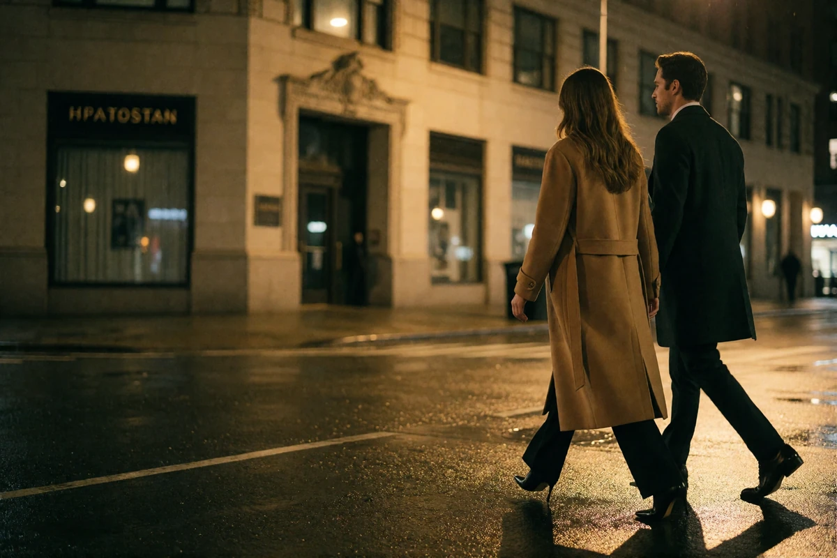 Well-dressed couple walking along a lamplit Manhattan street at night near gallery storefronts