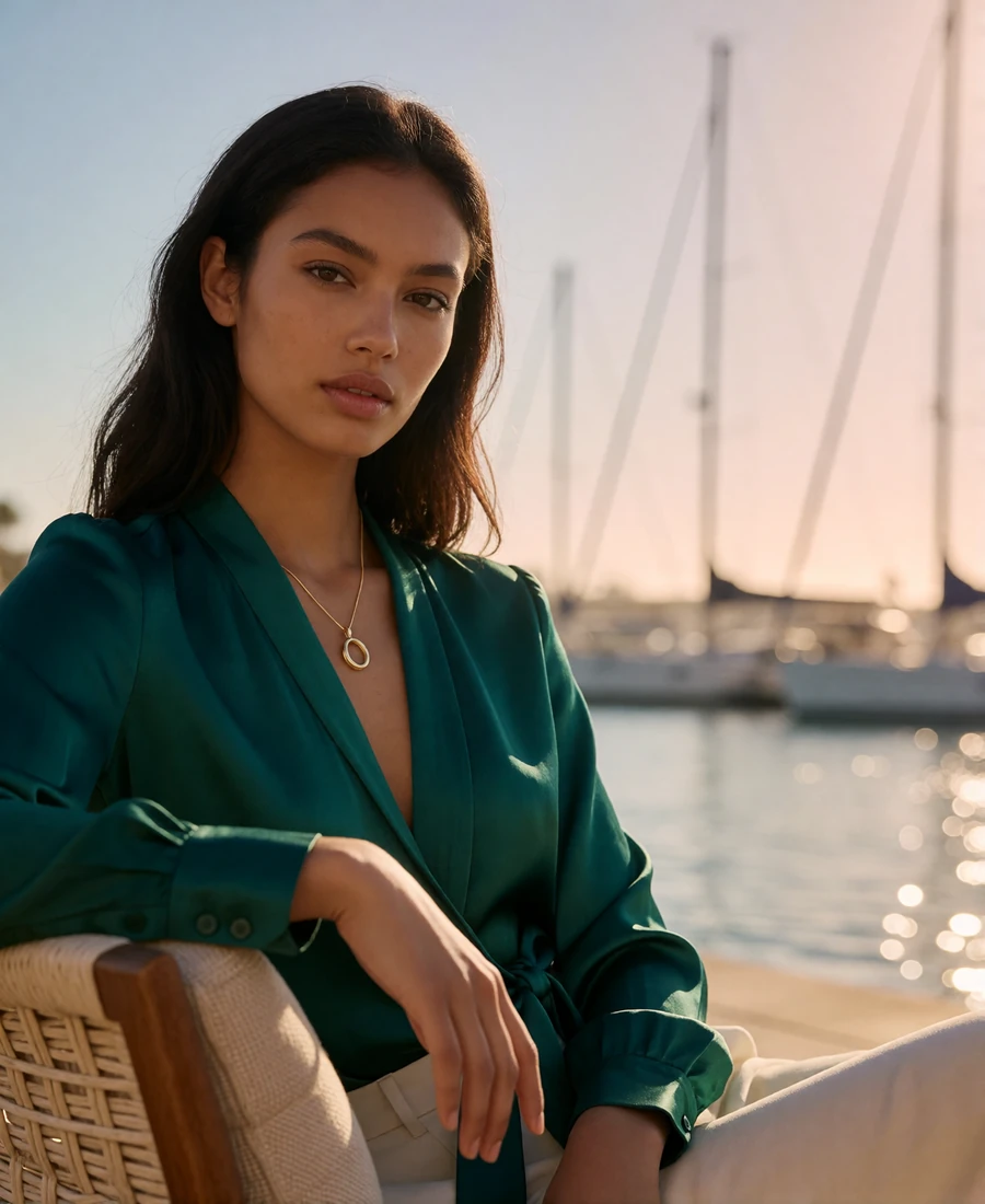Woman with long dark hair in an emerald silk blouse seated at a marina-side lounge in San Diego at golden hour
