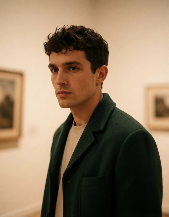 Man with short dark curls in a deep green wool jacket in a quiet gallery corridor, an illustrative member profile