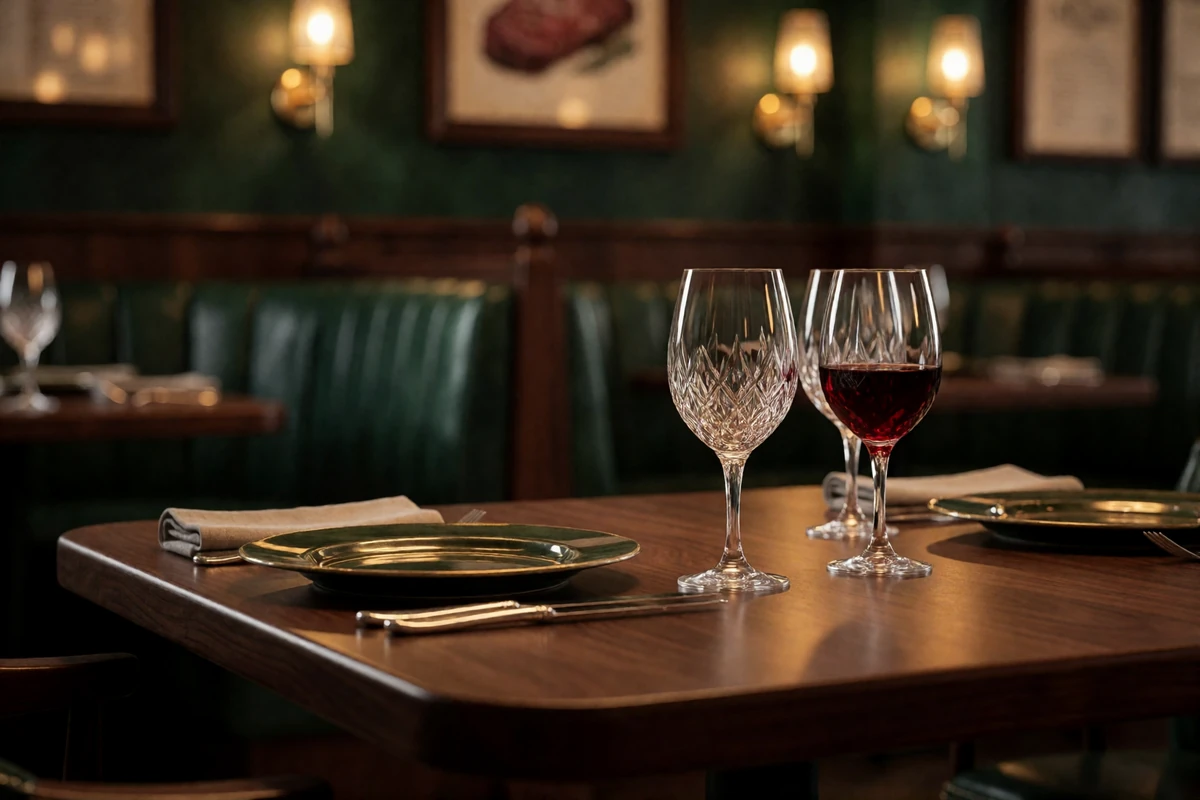 Dark walnut steakhouse table set for two with crystal wine glasses and polished silverware in Dallas