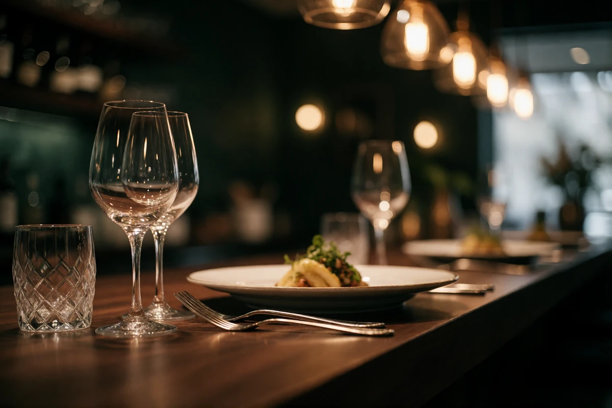 Intimate chef's counter setting with polished cutlery and crystal glassware in an upscale Columbus restaurant