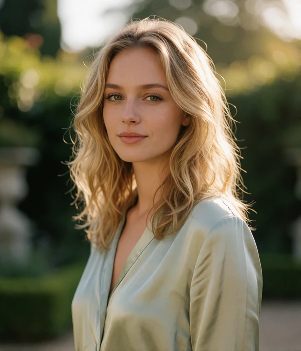 Woman with wavy blonde hair in a pale sage blouse standing in soft garden light, an illustrative member portrait