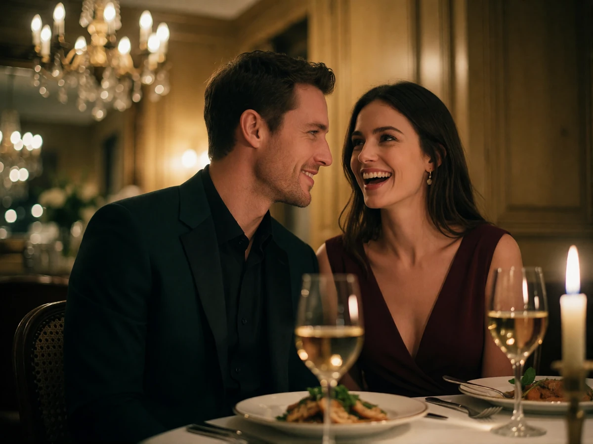 Well-dressed couple laughing together over candlelight at an upscale Nashville restaurant table