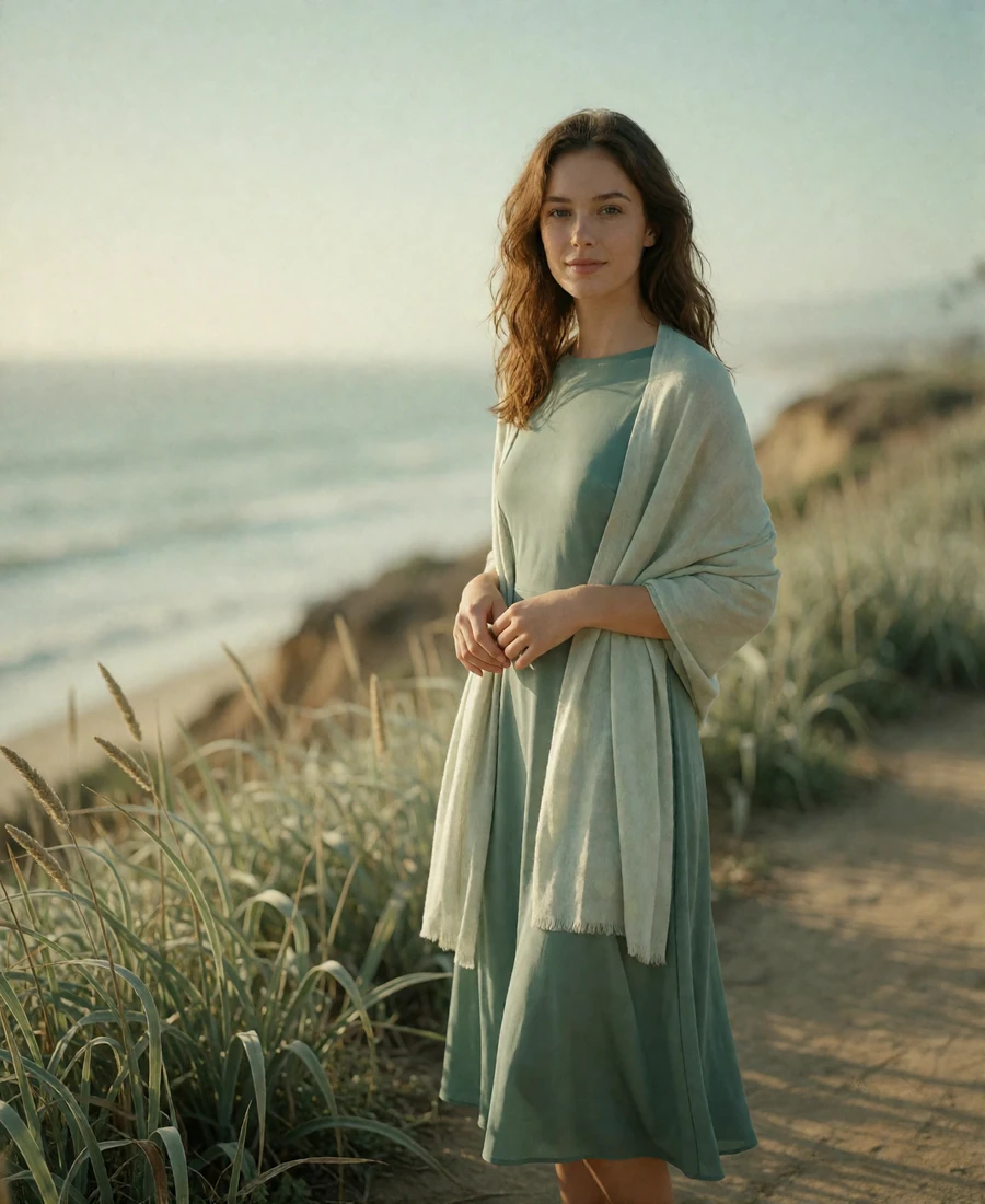 Woman with wavy chestnut hair in a navy-green midi dress standing on a coastal bluff path near San Diego