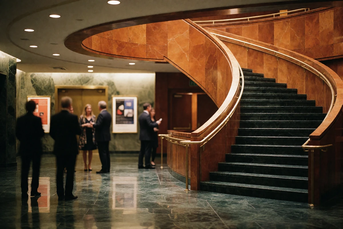 Elegant concert hall foyer with a sweeping staircase and warm overhead lighting before a performance