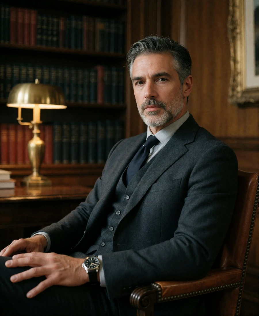Distinguished silver-haired man in a charcoal three-piece suit seated in a wood-panelled Chicago study