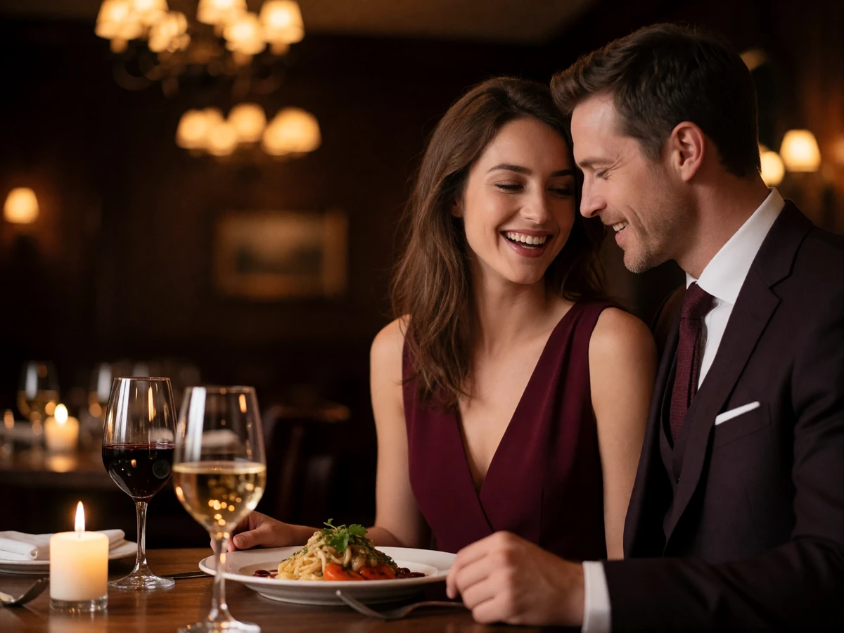 Well-dressed couple sharing a candlelit dinner in a warmly lit Chicago restaurant