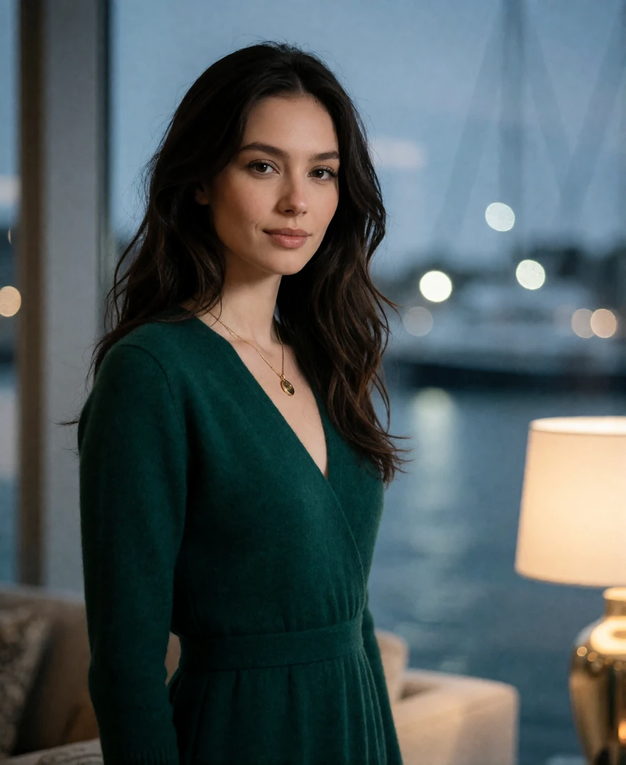 Elegant woman with dark wavy hair standing beside a window in a modern Seattle waterfront lounge