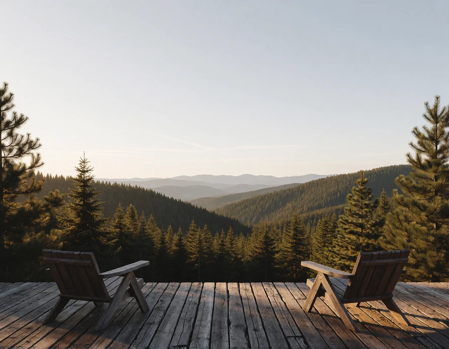 Private mountain-lodge terrace at late afternoon overlooking Colorado's pine-covered foothills and distant blue ridges