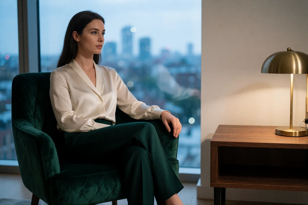 Woman in an ivory blouse seated in a green velvet armchair in a modern private members lounge at dusk