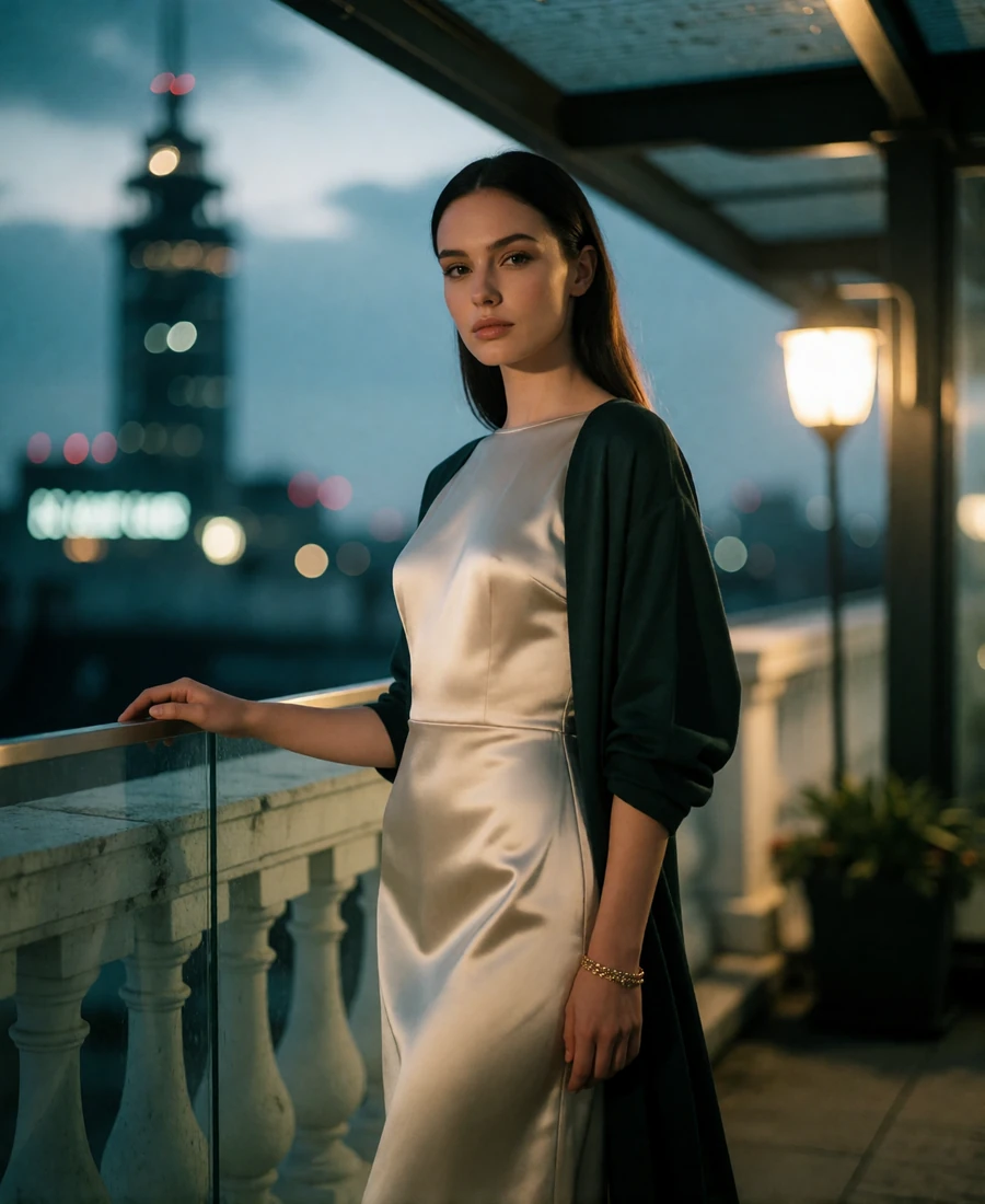 Poised woman in a champagne dress standing on a sheltered Seattle rooftop terrace at dusk