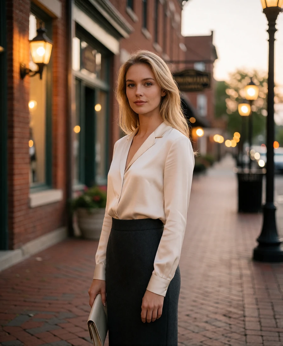 Blonde woman in an ivory blouse walking a historic Mass Ave brick sidewalk in Indianapolis at dusk