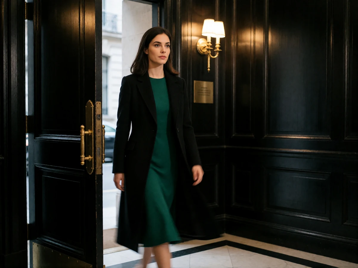 Woman in a black wool coat arriving through a panelled townhouse entrance hall with a stone floor