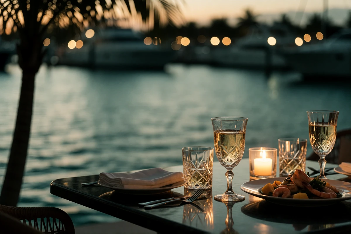 Candlelit waterfront dining table set with crystal glasses and a plated seafood course beside a dark marina at dusk in Miami