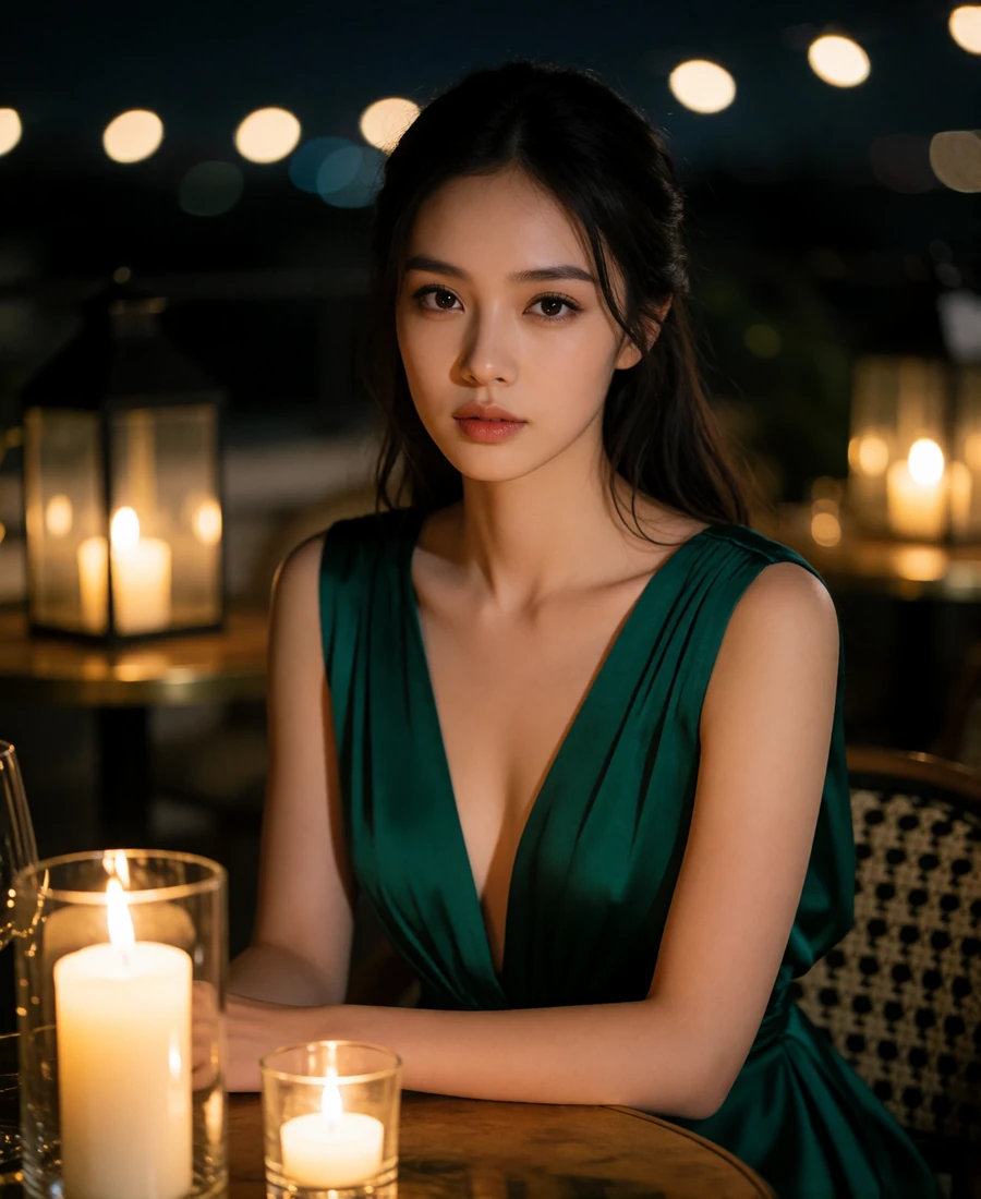 Elegant woman with dark hair in an emerald evening dress seated at a candlelit rooftop lounge table