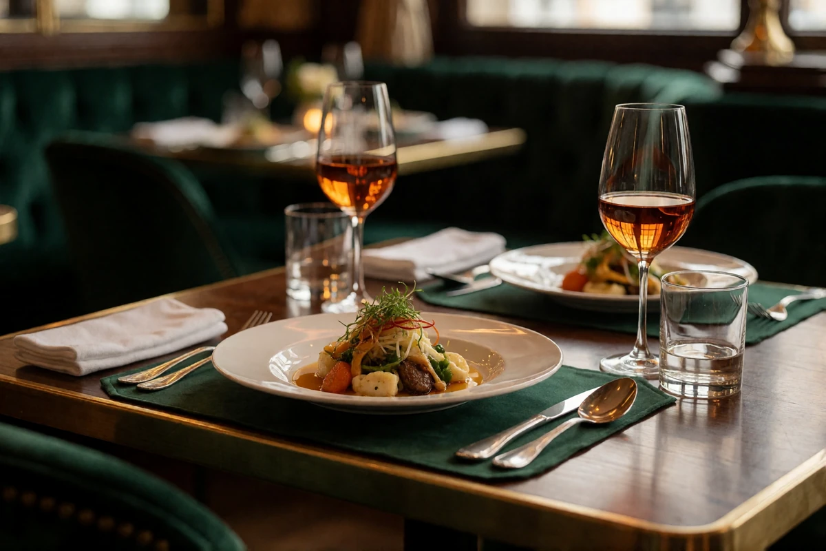 Fine-dining table set for two with a plated dish and wine glasses in a warmly lit upscale Orlando restaurant
