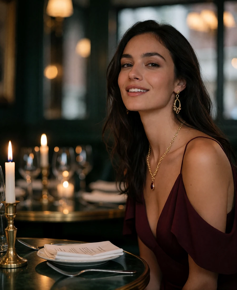 Dark-haired woman in a deep burgundy evening dress seated at a candlelit table in a SoHo restaurant