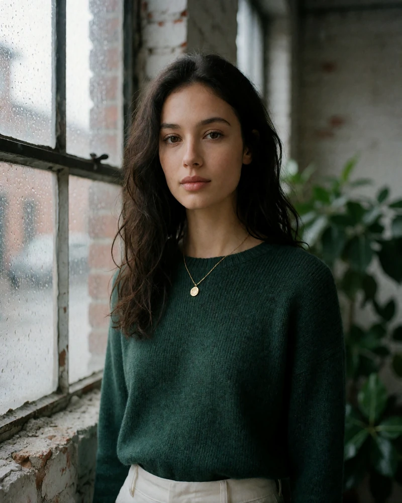 Woman with long dark wavy hair in a forest-green knit standing beside a warehouse-style window in Portland