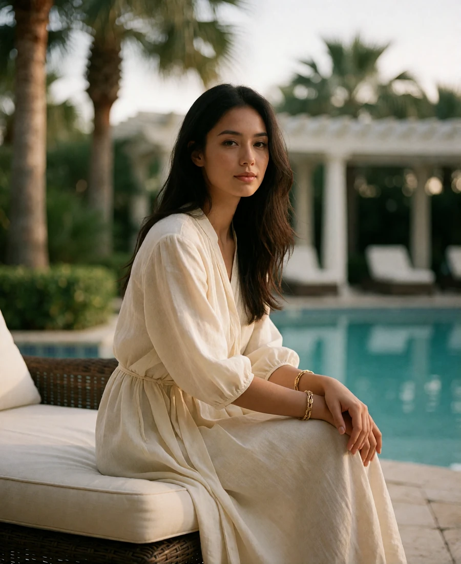 Elegant woman in an ivory linen dress seated on a lounge chair at a private Central Florida resort terrace