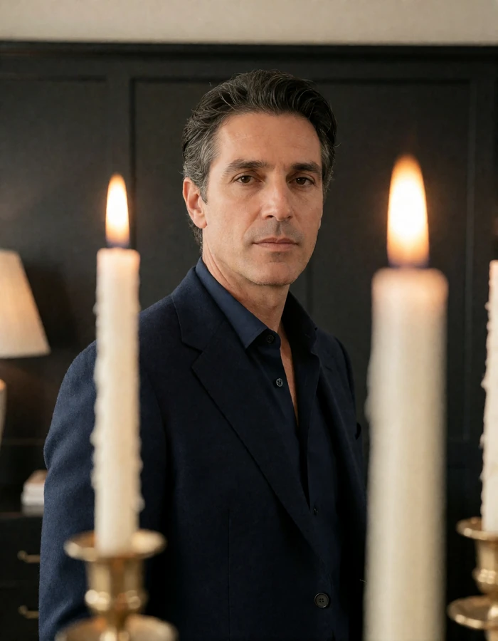 Composed man in a navy tailored suit standing in a softly lit office, an illustrative verified member profile