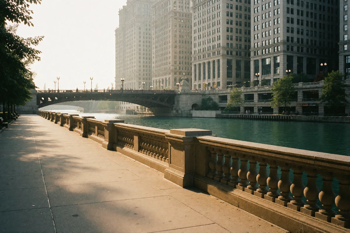 Wide Chicago riverwalk promenade with warm late-afternoon light along the stone paving