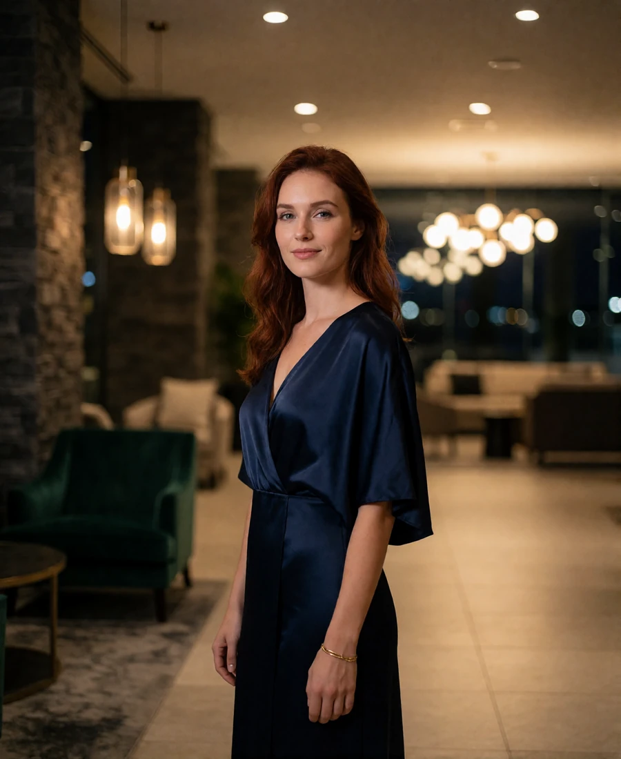 Auburn-haired woman in a navy satin dress standing in the lobby lounge of a modern Water Street hotel
