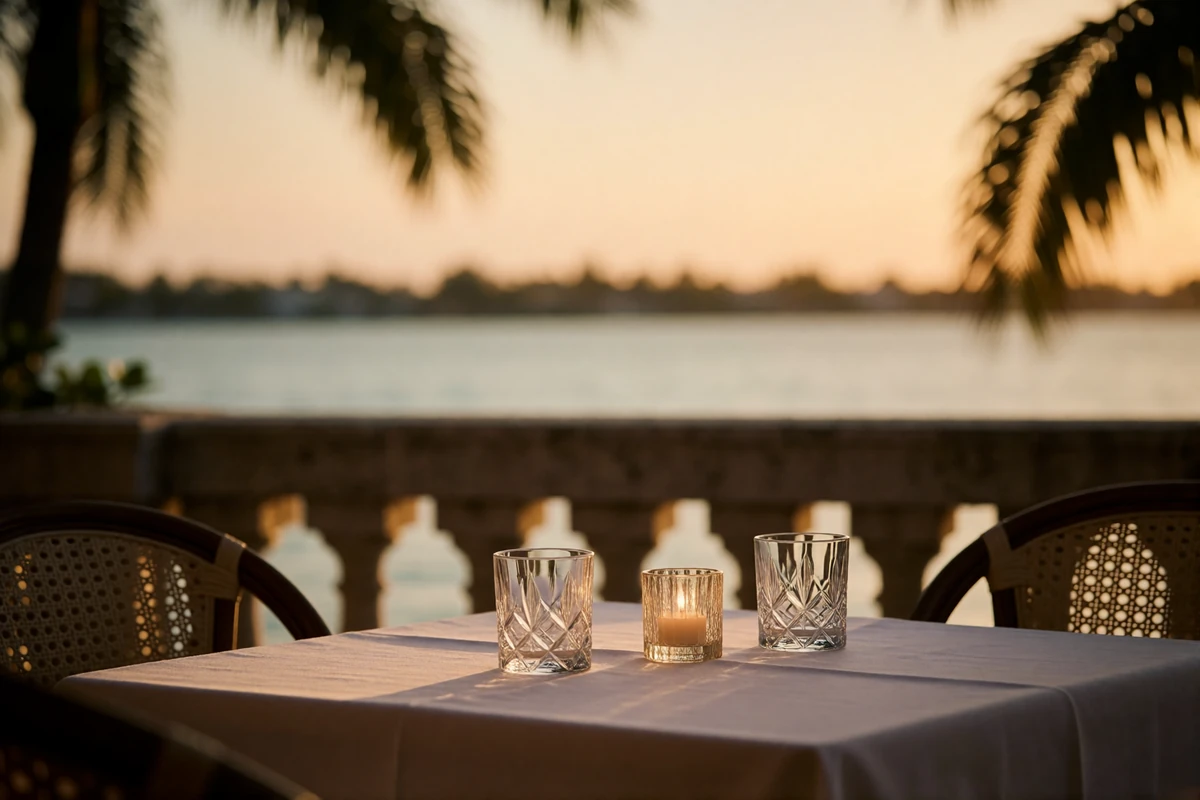 Waterfront restaurant terrace in Miami set for evening with a candlelit table and Biscayne Bay beyond
