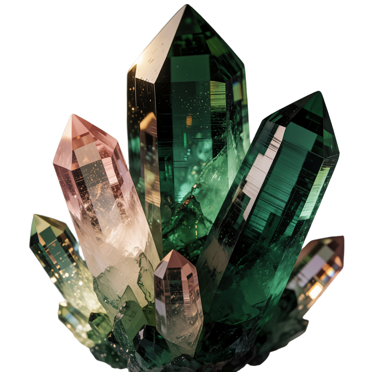Cluster of emerald and champagne crystal formations
