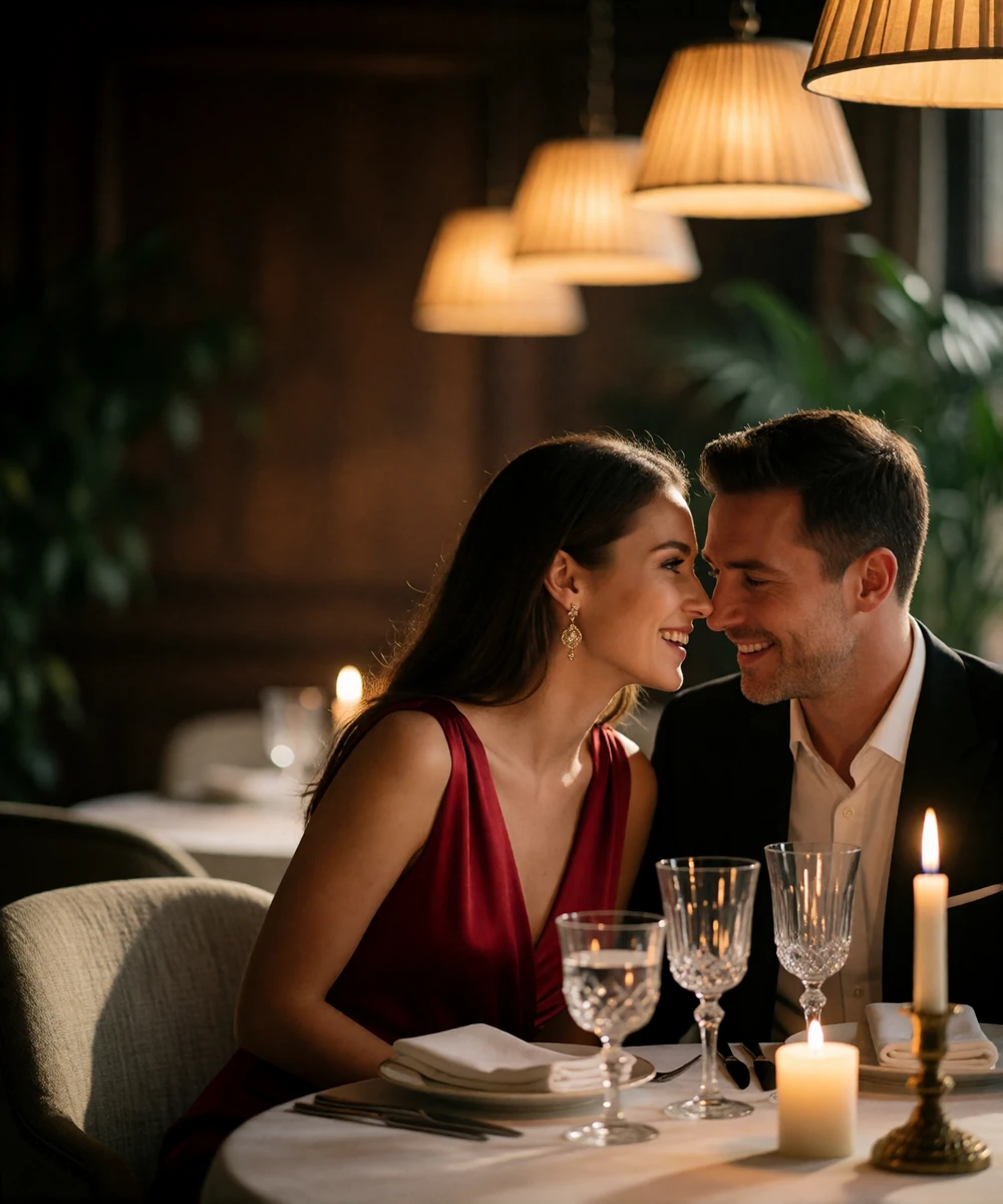 Elegant couple sharing a quiet laugh over a candlelit dinner in a warm upscale Las Vegas restaurant