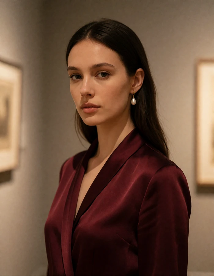 Poised woman with sleek dark hair in a burgundy silk blouse in a quiet gallery corridor, an illustrative member profile