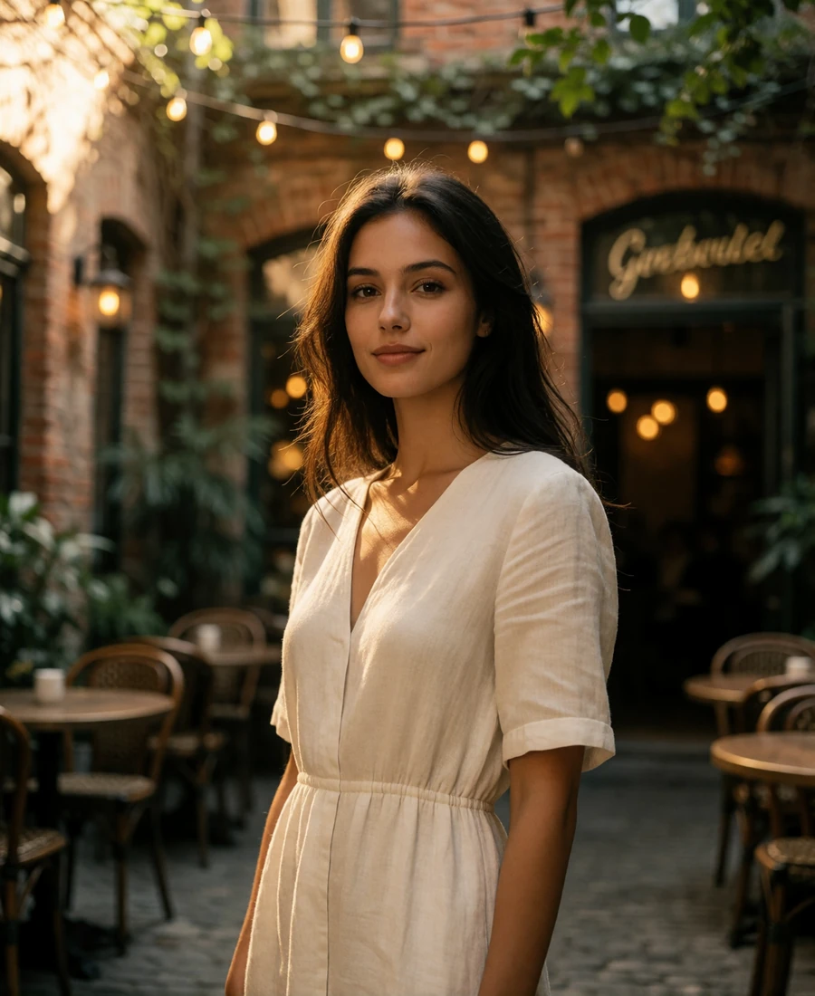 Woman in an ivory linen dress smiling warmly in a restored brick courtyard in the Pearl District of San Antonio