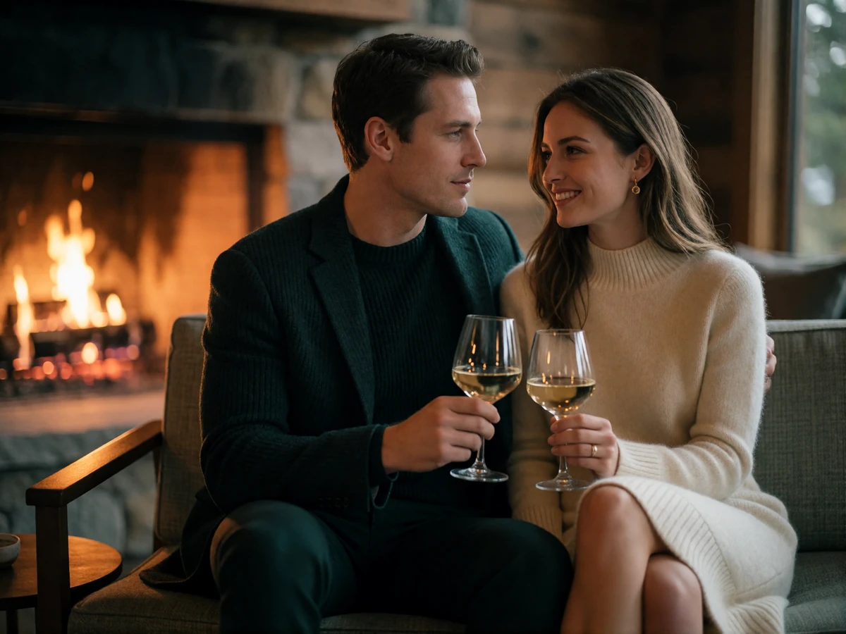 Refined couple seated on a low sofa before a stone fireplace in a mountain-modern Denver lounge