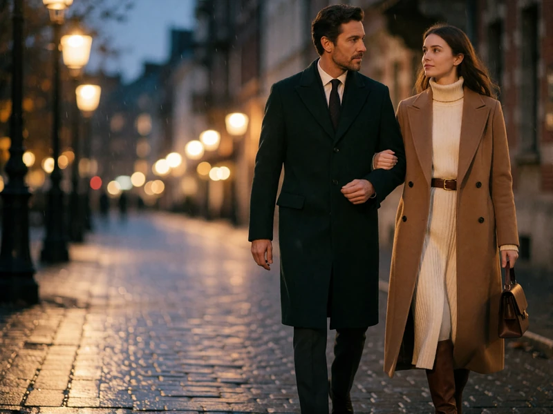 Man in a dark overcoat and woman in a camel coat walking along a lamplit city street at dusk