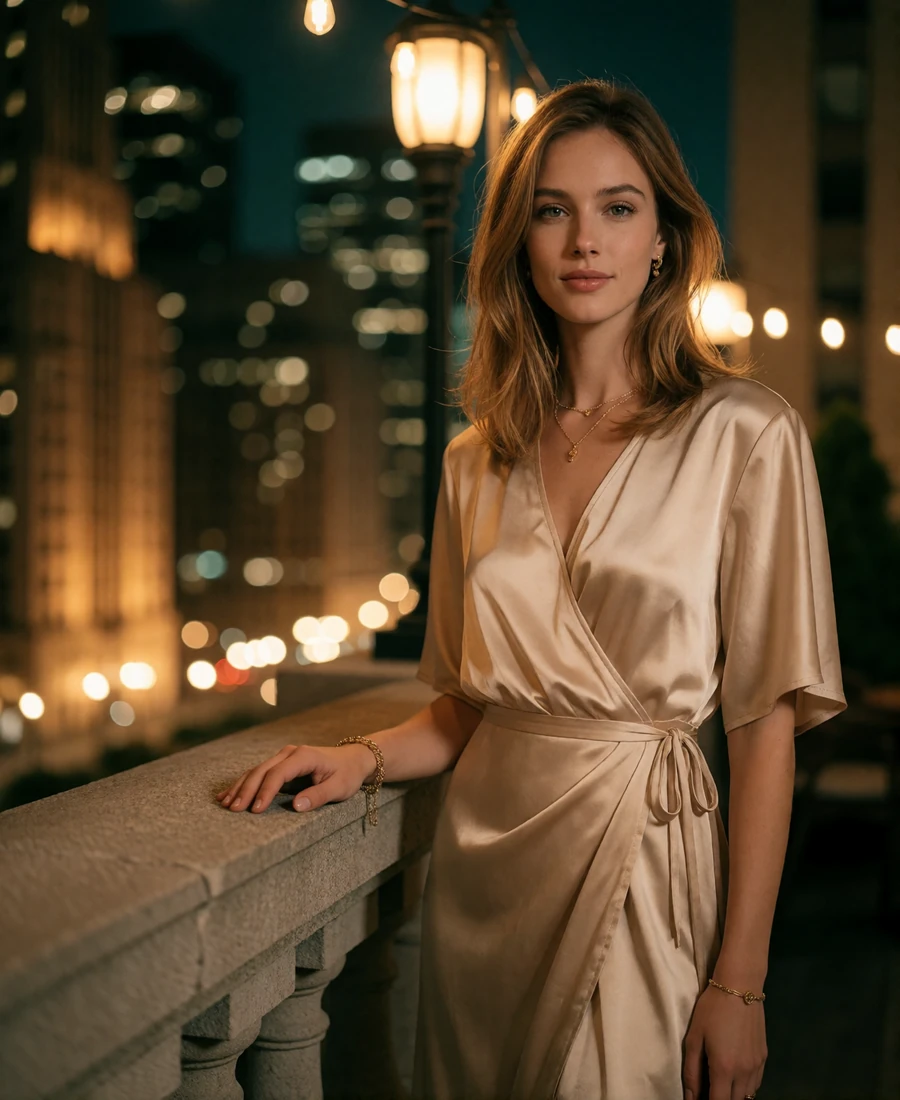 Woman in a champagne wrap dress standing on a warmly lit rooftop terrace with the Chicago skyline behind her